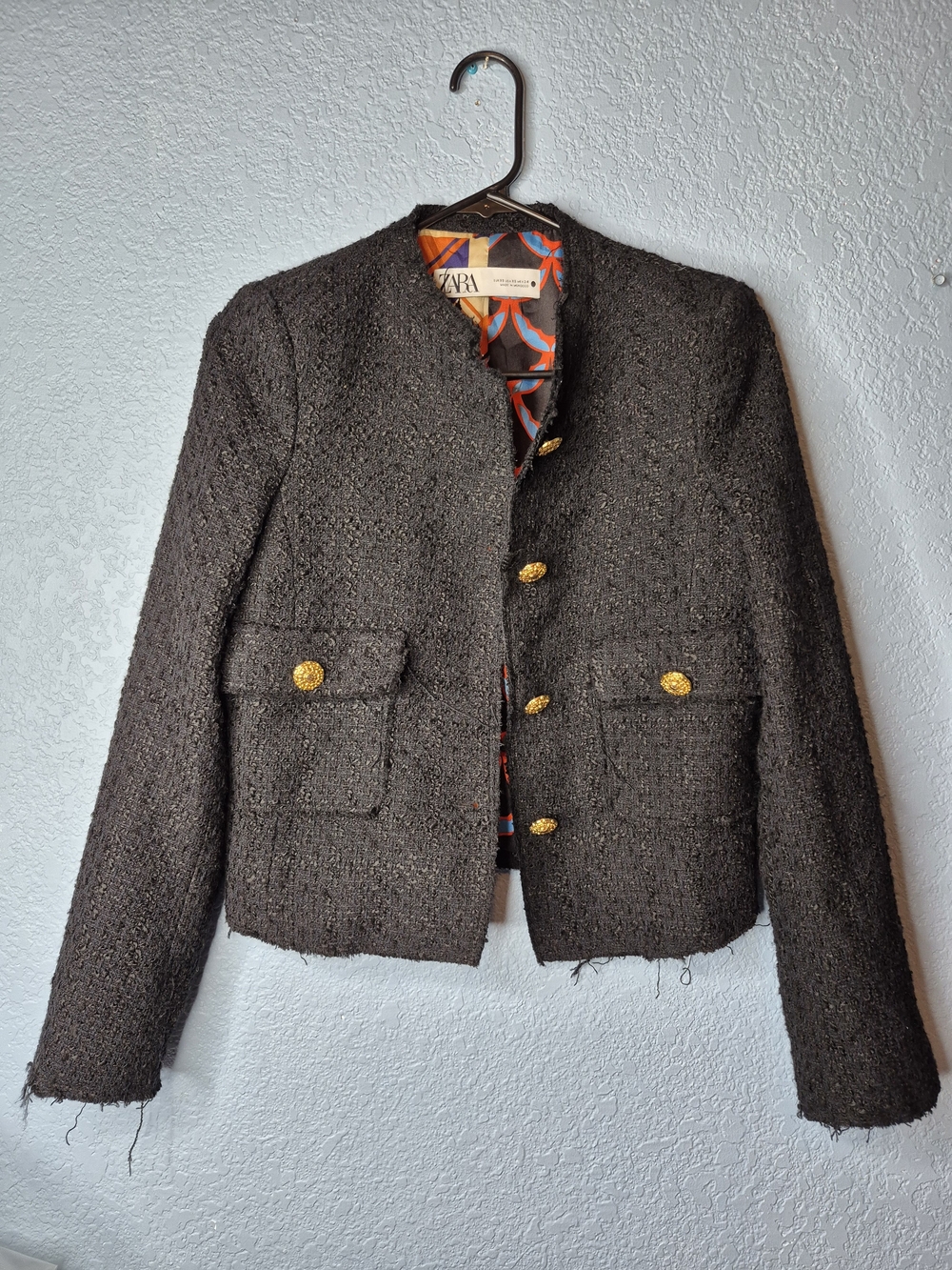 Zara Women's Black Tweed Boxy Jacket with Gold Buttons